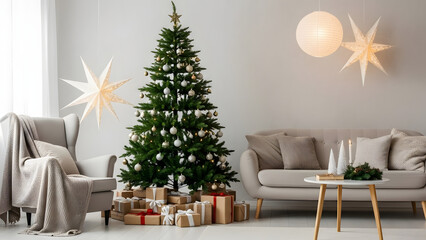 Fototapeta premium Festive christmas tree in a cozy living room with warm lighting