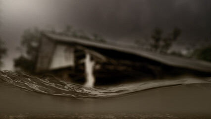 Submerged building during a flood event with a gloomy sky. Concept of flood