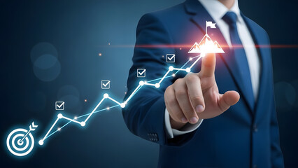 Business professional interacting with a glowing digital growth chart and data