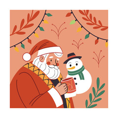 Santa claus smiling and giving a gift to a happy snowman in a festive autumnal scene with colorful leaves and string lights