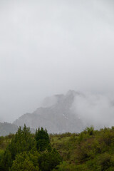 A view of green hills and trees in the foreground with a massive mountain peak fading into the fog during bad weather