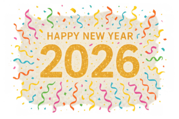 Happy new year 2026 glittering text on torn paper with colorful confetti and streamers, vector celebration