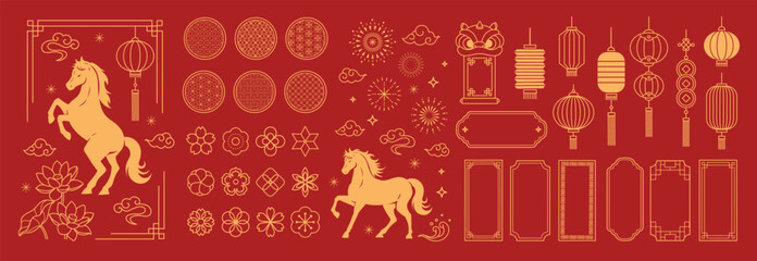 Naklejka na ściany i meble Chinese New Year horse element vector set. Gold decorative horse illustrations with lanterns, floral patterns, clouds and traditional Chinese line art on red background. 