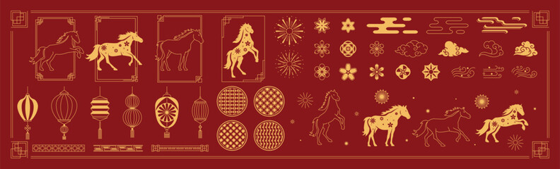 Naklejka na ściany i meble Chinese New Year horse element vector set. Gold decorative horse illustrations with lanterns, floral patterns, clouds and traditional Chinese line art on red background. 