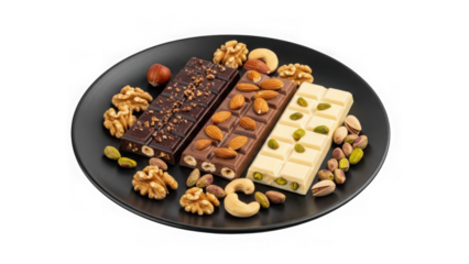 Gourmet artisanal chocolate bars with assorted nuts and dried fruits presented on a dark plate studio shot