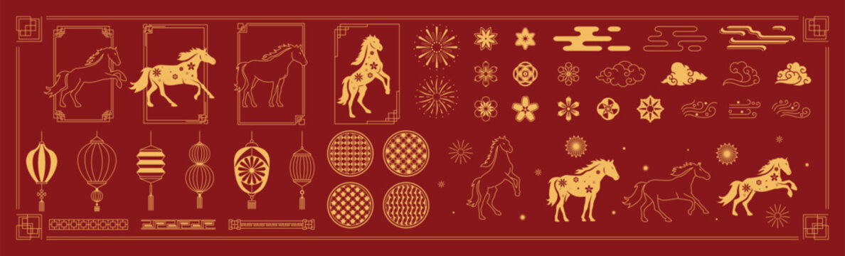 Chinese New Year horse element vector set. Gold decorative horse illustrations with lanterns, floral patterns, clouds and traditional Chinese line art on red background. 
