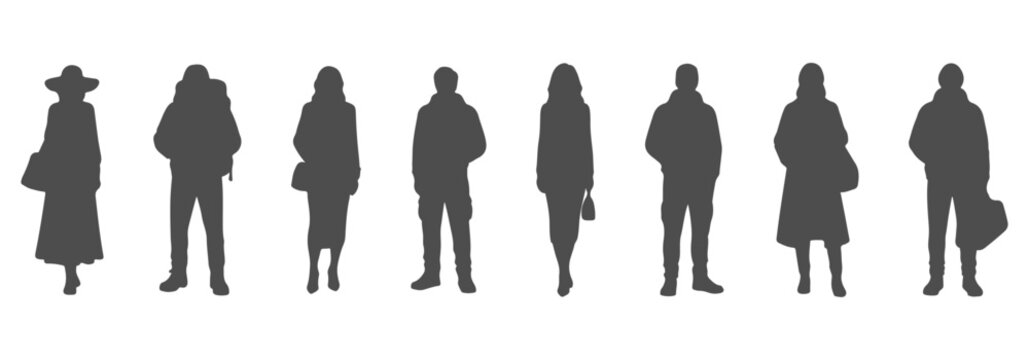 Detailed cad side view drawing of silhouette people with detailed outfits&mdash;hoodies, jackets, dresses, backpacks, handbags, hats. vector illustration &ndash; CAD vector reference #6