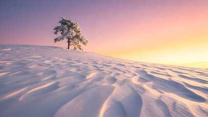 A solitary snow-covered tree on a wind-swept winter hill illuminated by a vibrant pastel sunrise or sunset sky representing cold s