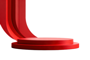 Red geometric podium with curved shapes for product display