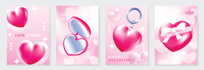 Fototapeta na wymiar Happy Valentine’s Day background vector set. Pink glossy heart illustration with sparkles, gift box ribbon, keychain and heart mirror elements. Lovely romantic design for cards, posters, packaging .