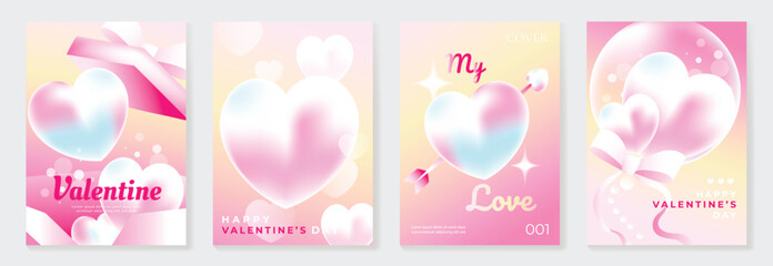 Happy Valentine&rsquo;s Day background vector set. Soft pastel gradient heart illustration with glowing bokeh, cupid arrow, ribbon and dreamy bubbles. Romantic elegant design for greeting cards, posters.