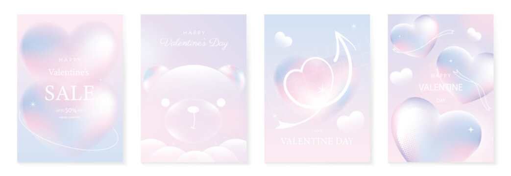 Fototapeta Happy Valentine’s Day background vector set. Soft pastel gradient hearts and cute bear illustration with glowing sparkles. Lovely romantic design for greeting cards, posters, invitations and sale bann