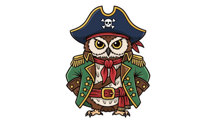 Cute Cartoon Pirate Owl Wearing a Tricorne Hat and Green Jacket with Scarf
