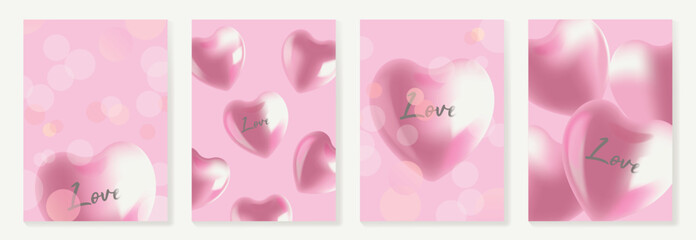 Plakat Happy Valentine’s Day background vector set. Pink glossy heart illustration with soft bokeh glow and romantic highlights. Lovely elegant design for greeting cards, posters, invitations and love-themed