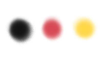 Three spray paint circles in black red and yellow on transparent background. Distinct spray paint texture, aerosol paint effects. For modern design applications, graphic overlays. PNG