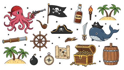 Pirate Adventure Collection: Octopus, Whale, Treasure Chest, Map, and Ship Wheel Vector Art © Fahmi