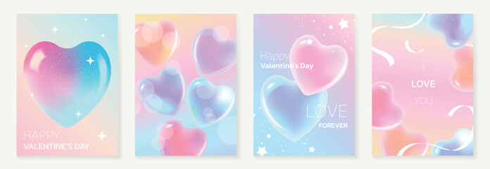Plakat Happy Valentine’s Day background vector set. Pink and blue gradient heart illustration with glowing sparkles and ribbon elements. Romantic dreamy design for greeting cards, posters, invitations and lo