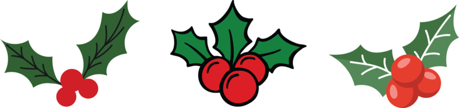 Holly berry icons set, Chritmas logo wirh holly berries.Christmas holly berry flat vector illustration icons set ,Cartoon holly leaves and berries.A simple illustration of holly leaves and berries