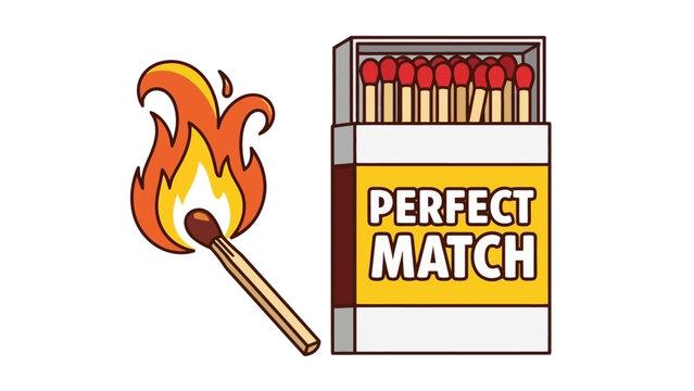 Burning Match and Matchbox with Perfect Match Text, Vector Illustration