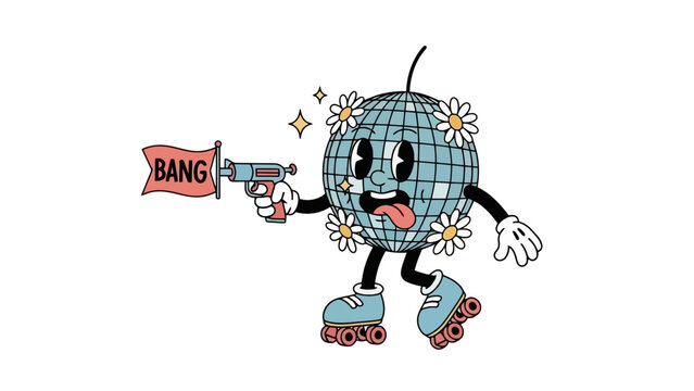 Retro Disco Ball Character with Flower Decorations Riding Roller Skates