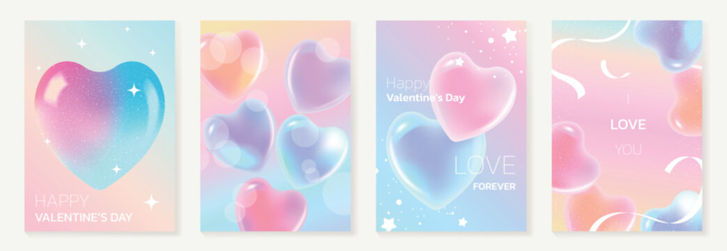Happy Valentine&rsquo;s Day background vector set. Pink and blue gradient heart illustration with glowing sparkles and ribbon elements. Romantic dreamy design for greeting cards, posters, invitations and lo