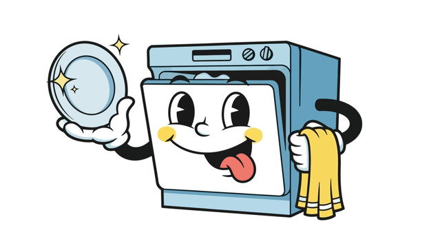 Funny Cartoon Dishwasher Character Holding Clean Plate and Towel