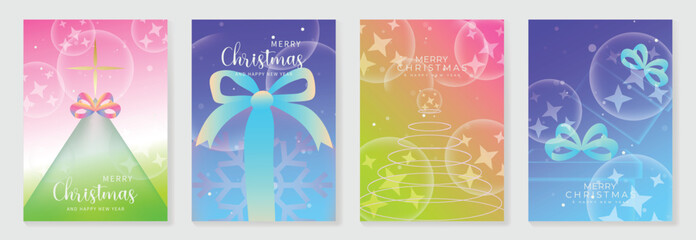 Plakat Merry Christmas vector background set. Colorful gradient illustrations of gift bows, Christmas trees and festive ornaments with glowing bubbles and stars. 
