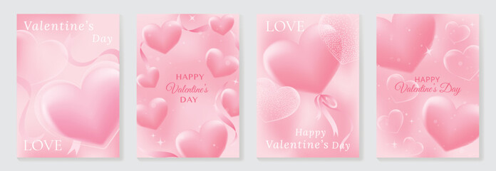 Happy Valentine&rsquo;s Day background vector set. Pink pastel heart balloons with bubbles, ribbons and soft glowing clouds. Lovely romantic design for greeting cards, posters, invitations and sale banners.