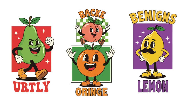 Retro Cartoon Fruit Characters with Funny Faces and Wavy Text Labels