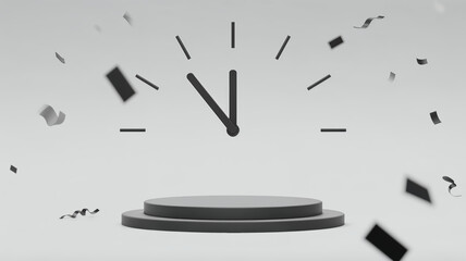 Black Clock on Gray Background with Colorful Confetti Falling Down