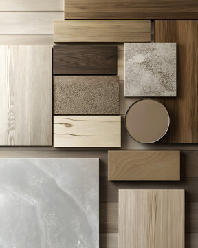 Moodboard, natural material samples with wood veneer stone terrazzo carpet and paint swatches in neutral earth tones for interior design architecture and home renovation planning.