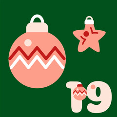 Green and red advent calendar illustration in flat vector style with Christmas and New Year tree toys