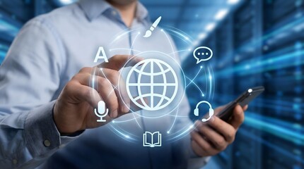 Man using smartphone with global digital interface accessing multimedia content,exploring online education and communication services,connecting world with technology.