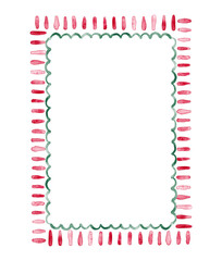 Red Watercolor Minimalist Border with Striped Pattern and green waves.Hand painted illustrations isolated on white background.