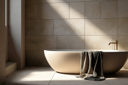Minimalist tranquil luxury bathroom interior with sleek oval freestanding bathtub beige textured stone wall tiles and floor warm natural light and shadow.