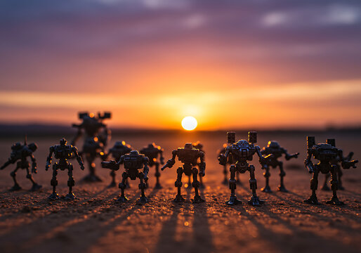 Robots at Sunset Fantasy Sci-Fi Image for Advertising and Creative Projects