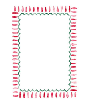 Red Watercolor Minimalist Border with Striped Pattern and green waves.Hand painted illustrations isolated on white background.