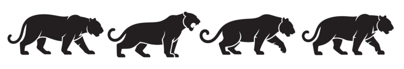  four black silhouette illustrations of panthers in different © Jksfjo