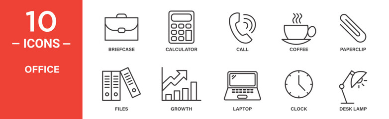Office icon set. Office vector symbol in black filled and outlined style.