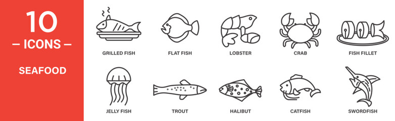Seafood icon set. Seafood vector symbol in black filled and outlined style.