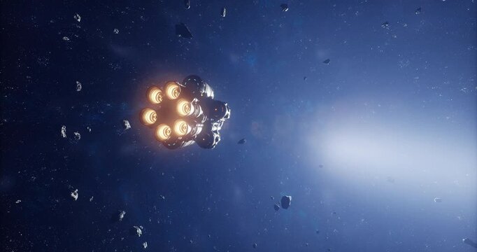 A rocket ship equipped with multiple engines maneuvers skillfully through a dense asteroid field. Bright lights illuminate the ship amidst the dark expanse of space.