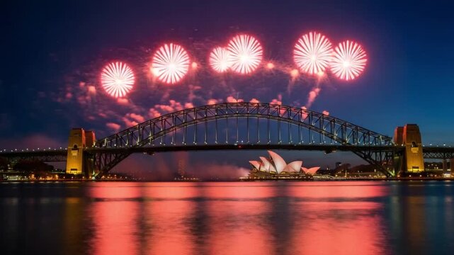Fireworks exploding over sydney harbour bridge and opera house at night
