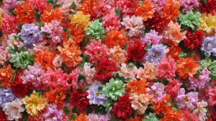 A colorful wall covered with a variety of blooming flowers in shades of red, pink, orange, and purple. This lively backdrop brings joy and charm to any space, creating a warm atmosphere