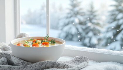 Warm bowl of vegetable soup sits on cozy blanket by snowy window, creating comforting winter scene