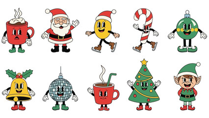 Retro Christmas Characters: Santa, Elf, Tree, Candy Cane, Ornament, Hot Chocolate Set
