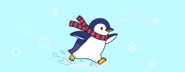 Cute cartoon baby penguin wearing a red and blue striped scarf and running happily in the snow with snowflakes background vector illustration