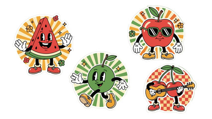 Retro Cartoon Fruit Characters with Sunglasses and Guitar on Sunburst Background