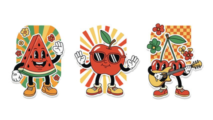 Retro Cartoon Fruit Stickers with a Groovy Vibe and Sunny Backgrounds