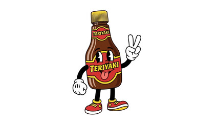 Funny Anthropomorphic Teriyaki Sauce Bottle Mascot Waving Hand and Showing Peace Sign
