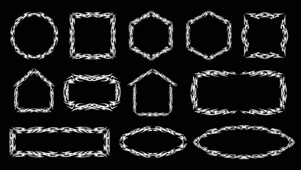 Set of White Tribal Fire Frames and Borders on Black Background, Vector Art